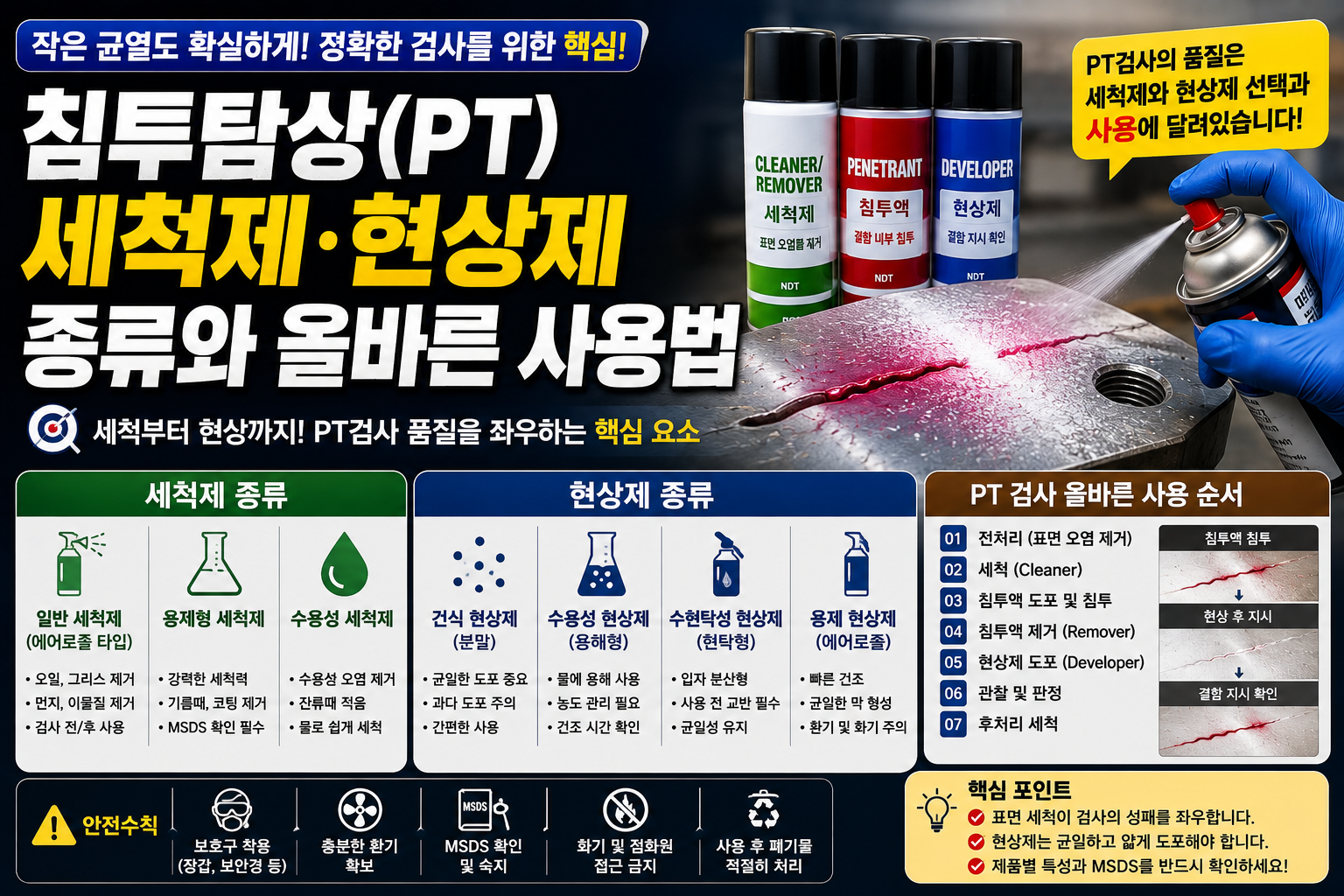 침투탐상(PT) 세척제 현상제 종류와 올바른 사용법